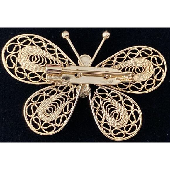 Gold Filigree 3 Rhinestones For Body Butterfly 2” Pin Brooch - Picture 3 of 5